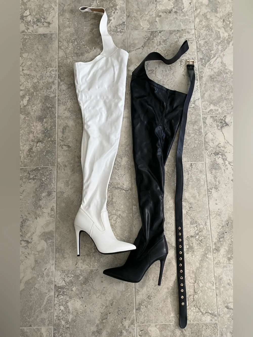 Dolls Kill Thigh-High Stiletto Boot in White & Black